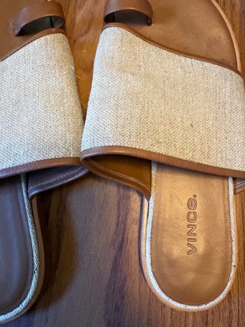 Vince Brown Leather & Beige Canvas Slide Sandals - Picture 2 of 2